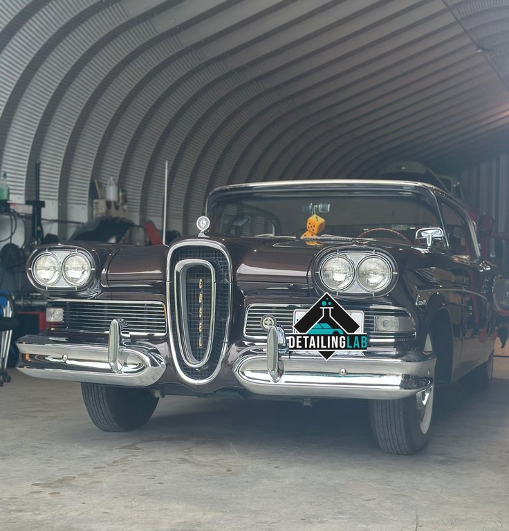 Vintage Edsel receiving professional restoration and detailing service
